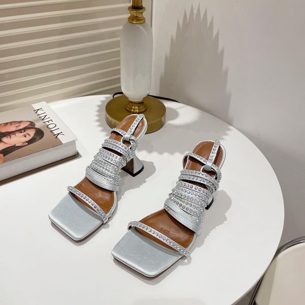 

women sandal ankle strap slides high spool heels lace up sandals fashion rhinestone square toe summer cross open toes sliver slingback shoes, Black