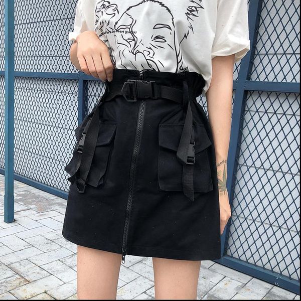

a line womens skirt zipper women mini cargo skirts pockets sashes bodycon solid short summer black khaki bottom female