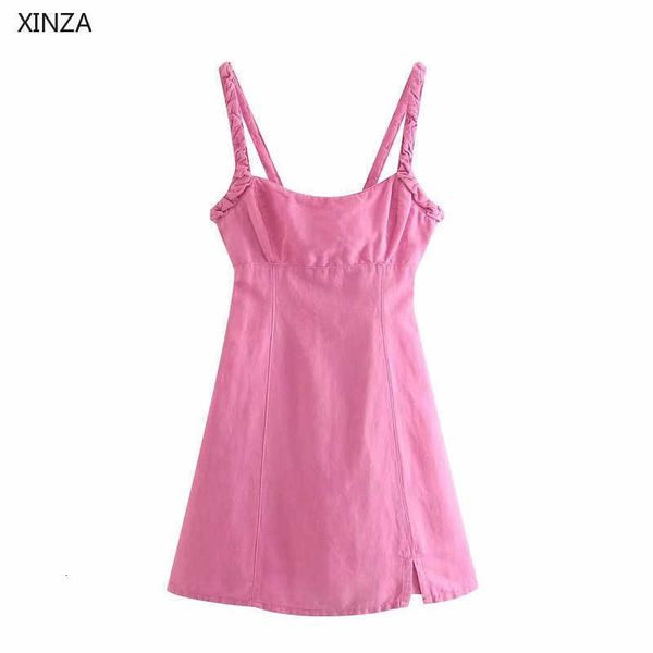 

casual dresses women pink linen summer sleeveless wide straps backless party back tie zip woman ruching mini g239, Black;gray