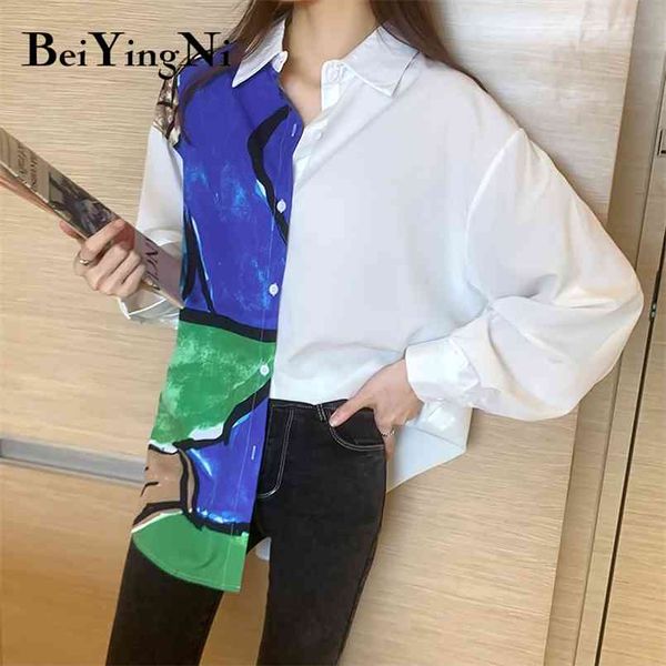 

abstract womens and blouses fashion full sleeve oversized shirts female aesthetic loose blusas mujer chic street 210506, White