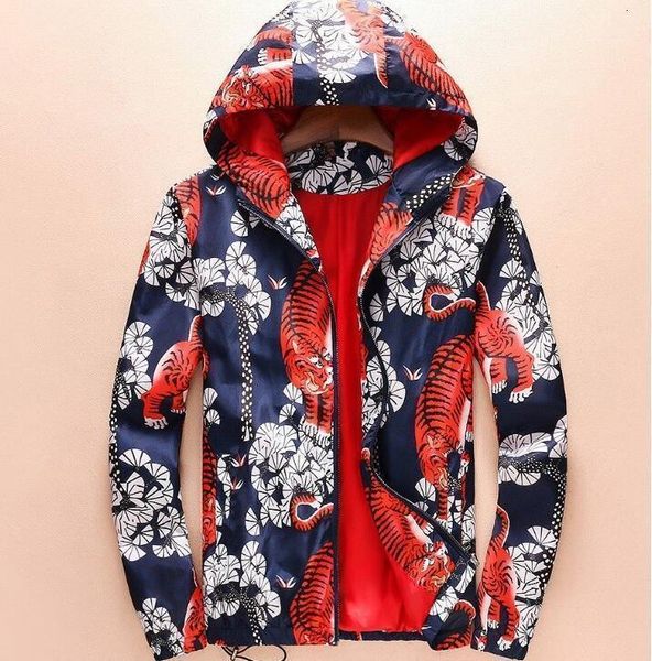 

spring autumn fashion slim fit young men hooded jacket tiger print thin jackets casual windbreaker quality, Black;brown