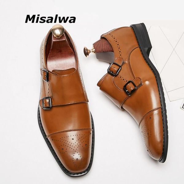 

misalwa luxury genuine leather men dress shoes formal oxford brogue monk strap italian cap toe gentleman wedding shoe, Black