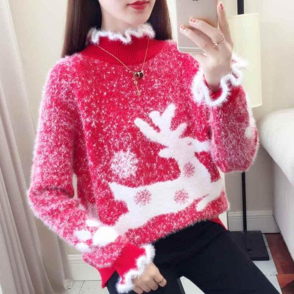 

women's sweaters color block christmas sweater lace collar reindeer snowflakes pullover knit jumper loose mink fleece, White;black