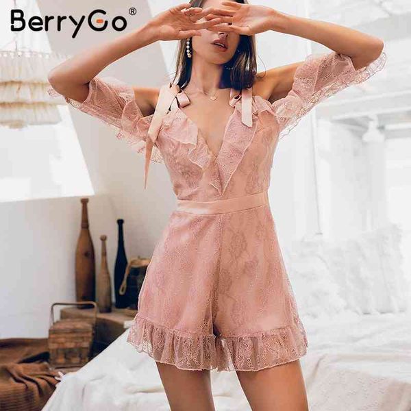 

berrygo ruffled jumpsuit cold shoulder lace playsuit women v-neck up romper elegant party club short overalls 210513, Black;white