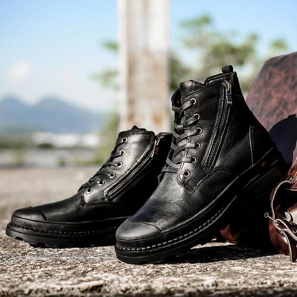 

boots men winter genuine leather ankle with fur warm snow fashion shoes military for botas big szie 47 3, Black