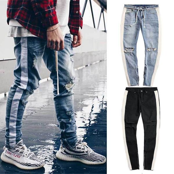 

jean fashion jeans ins same high street white with big damage on the knee and holes side, Blue