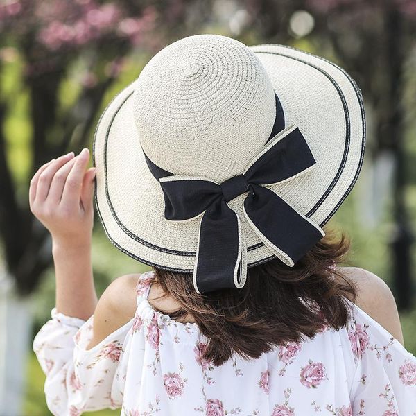 

wide brim hats summer women's bow tie straw hat fashion sun for women style casual large visor wind rope fixing beach, Blue;gray