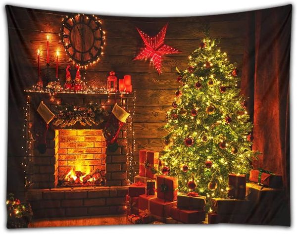 

tapestries christmas wall tapestry with xmas tree fireplace, fadeless wrinkle-hanging backdrop