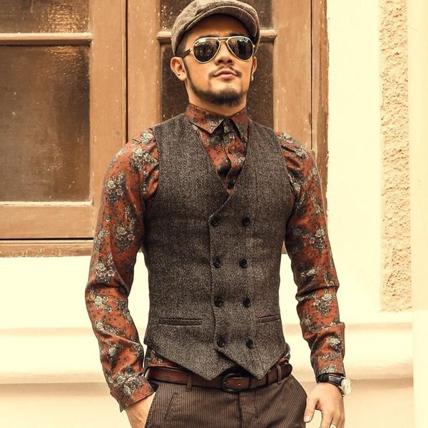 

men's vests custom made tweed vintage vest steampunk slim fit double breasted man groom wedding waistcoats casual streetwear, Black;white