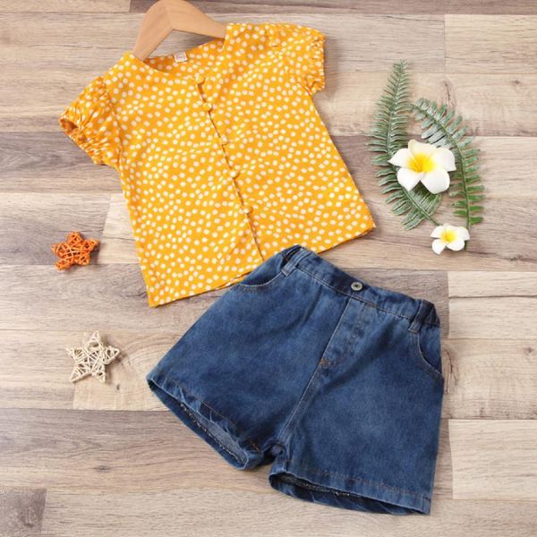 

girl\u2021s short sleeve and shorts set fashion floral single-breasted t-shirt denim summer 2021 clothing sets, White