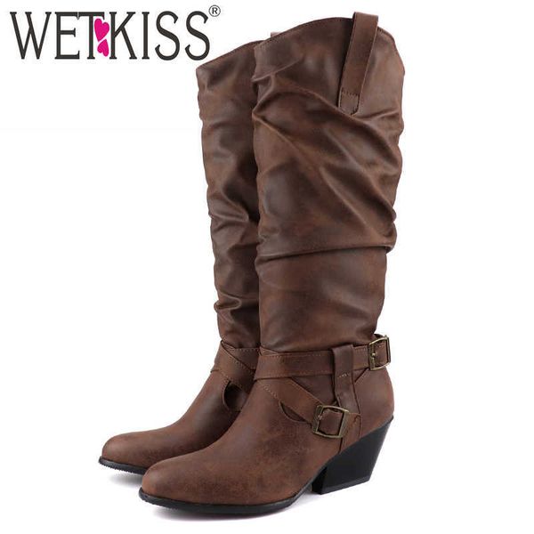 

wetkiss western boots women knee high boot female high heels cowboy shoes ladies round toe distressed shoes women winter 210630, Black