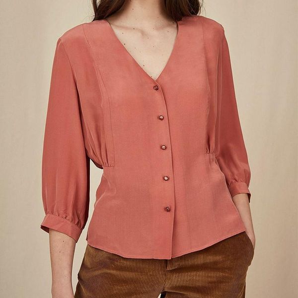 

women's blouses & shirts 100% silk women pink blouse beautiful soft ladies long sleeve v-neck single-breasted shirt and for spring, White