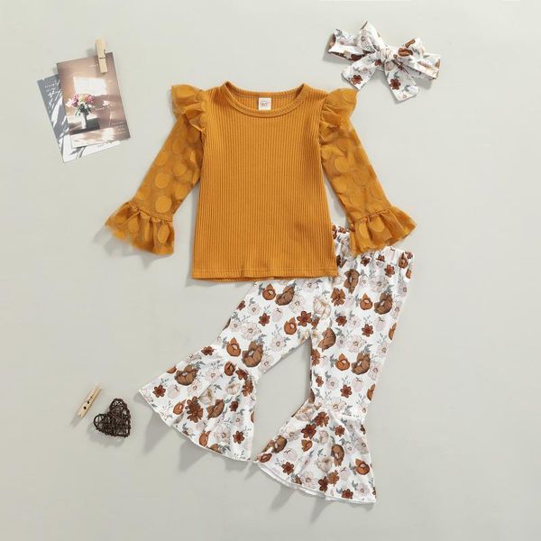 

clothing sets 3pcs baby girls clothes autumn toddler mesh long sleeve ribbed shirts + floral flare pants headdress casual kids outfits 1-5y, White