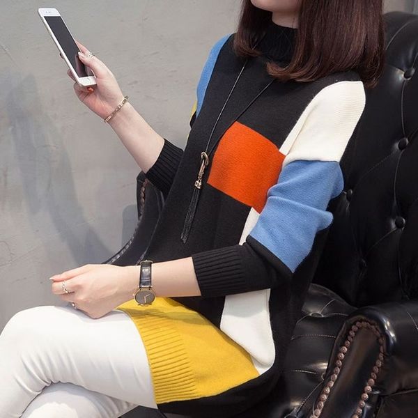 

women's sweaters long knit woman's sweater sleeve casual turtle's loose neck pull jumpers female chess femme u7x7, White;black