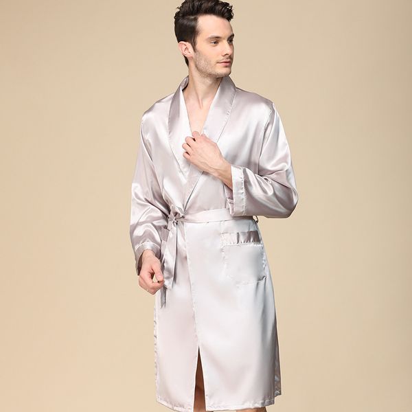 

sleepwear fashion pajamas men's single piece silk nightgown spring thin long sleeve oversized bathrobe 88008, Black;brown