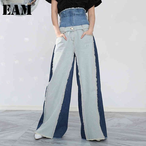 

[eam] blue contrast color denim burr wide leg long jeans high waist loose women trousers fashion spring autumn jr8410 21512