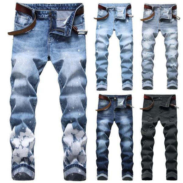 

men's jeans fashion men straight slim fit pants long ripped, Blue