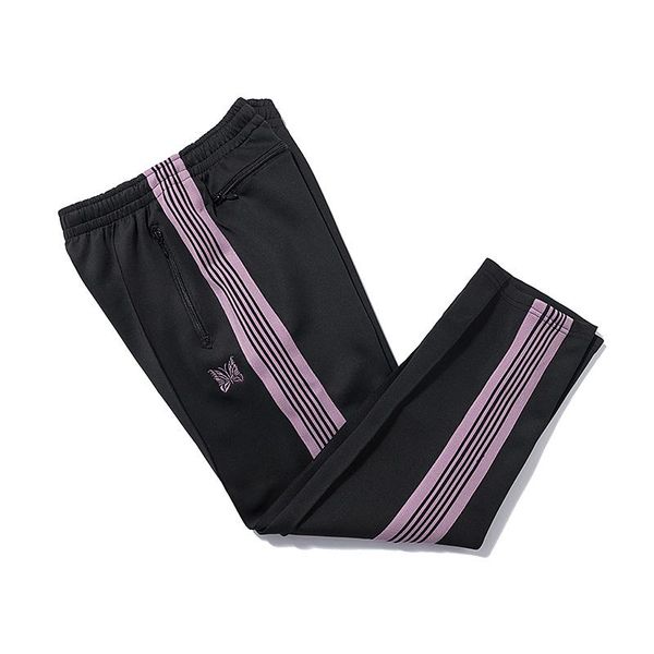 

men's pants 2021 needles awge casual trousers both sides stripe webbing men women all-match quality butterfly embroidery, Black