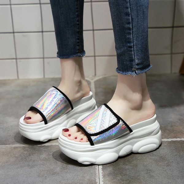

fashion shoes 2021 summer height wedge slides woman slippers thick bottom flat platform zapatos de mujer, Black