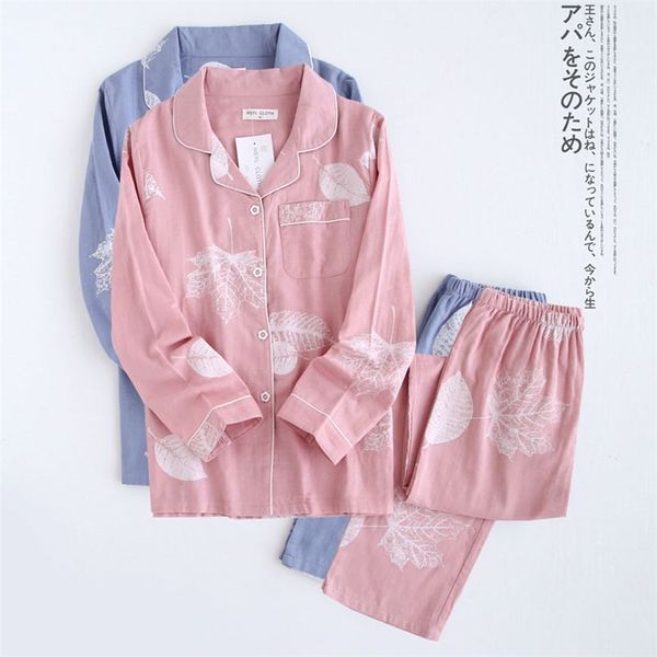 Coréia Fresh Maple folha pijama conjuntos mulheres 100% gaze algodão de algodão manga longa casual sleepwear pijama verão venda 210830