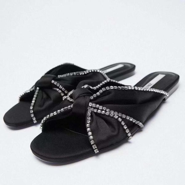 

slippers brand light luxury fashion sandals female summer rhinestone black bright decoration open-toed flat comfortable