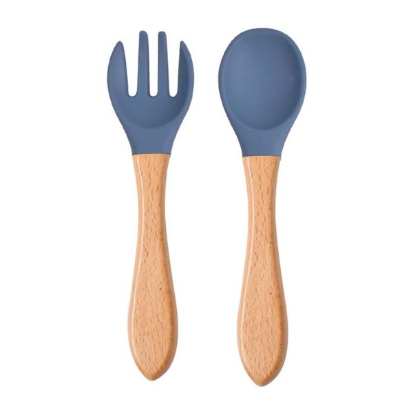 

2pcs silicone tips baby feeding training spoon and fork set with wooden handle toddlers infant eat independent accessory cups, dishes & uten