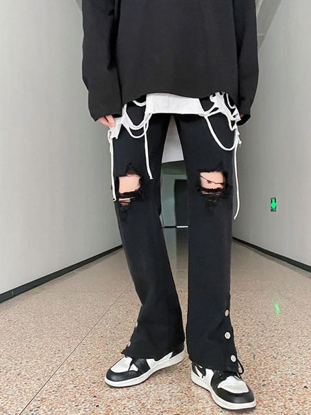 

men's jeans spring summer hole fashion brand slim straight trousers breasted pants trendy factory, Blue