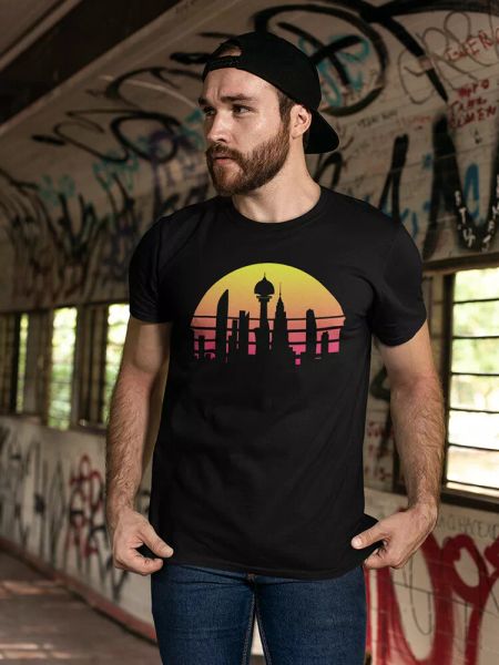 

sci-fi city in retro 80s style tee men's -image by shutterstock, White;black