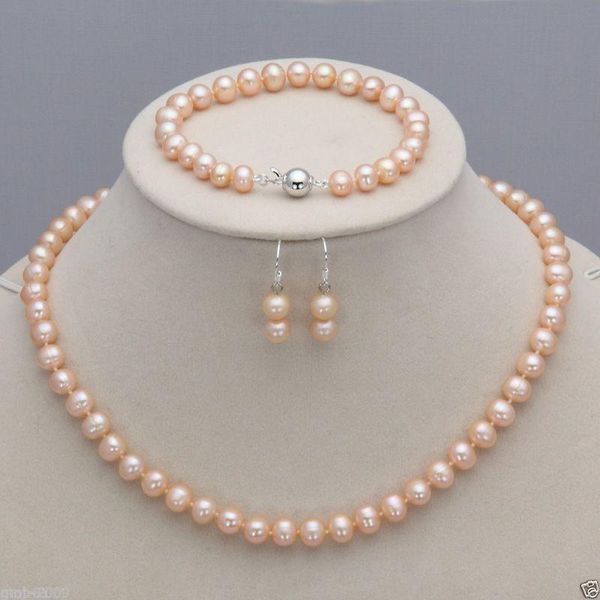 

earrings & necklace genuine 7-8mm freshwater cultured pearl bracelet a set, Silver