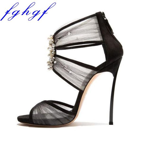 

high-heel sandals women's summer fashion, black mesh cloth plus pearl stiletto high heels 12cm
