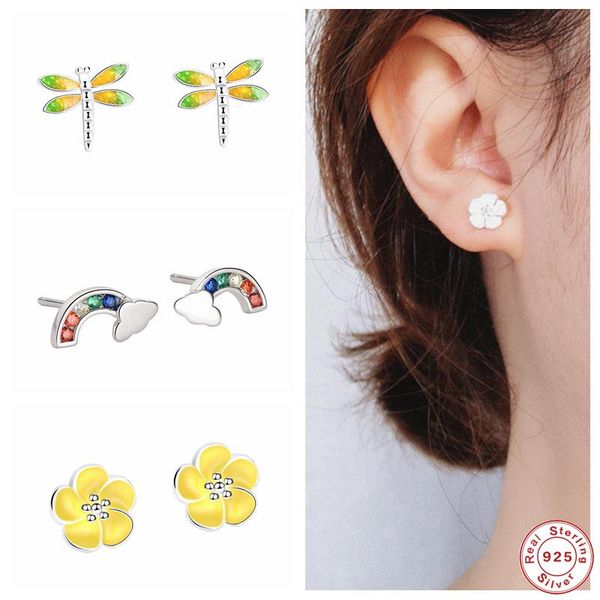 

stud gs 925 sterling silver cute cartoon flower dragonfly rainbow shape earrings 2021 trend drop oil colored zircon ear studs, Golden;silver