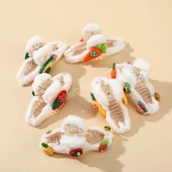 

plush hair claw winter cute fruit hairpins faux fur hair clip barrette crab headwear for women girls hair accessories, Slivery;white