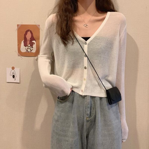 

women's knits & tees korean thin cardigan women 2021 summer long sleeve cropped knitted sweater mori girls fashion white v-neck sunscre