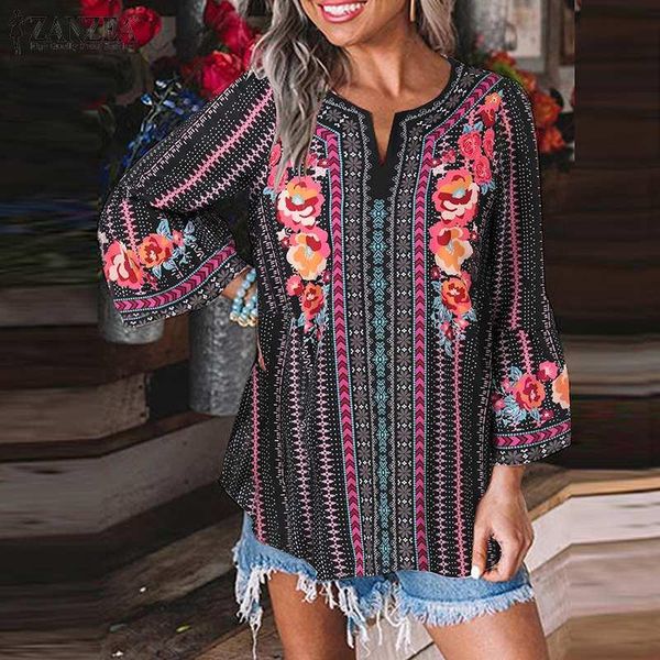 

women's blouses & shirts oversized holiday tunic bohemian printed blouse women casual 3/4 flare sleeve shirt elegant floral v ne, White