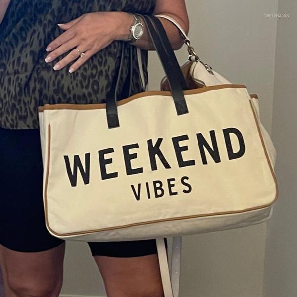 

diaper bags large capacity bag 20" x 11" weekend vibes beach votton handbag in black lettering on cream color dropships1