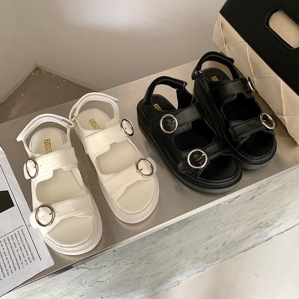 

sandals 2021 spring and summer classic ball grain leather flat sneakers open toe thickened heel women, Black