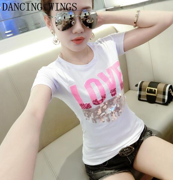

women's t-shirt summer round neck crop sequin letter white short sleeve cotton