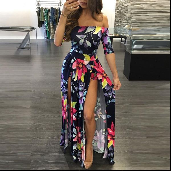 

summer ankle length long women dress floral print high slit bohemian maxi beachwear lady vestidos, Black;gray