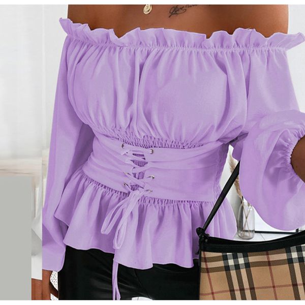 

women's blouses & shirts women fashion fall and autumn long sleeve off shoulder butterfly lace up solid color blouse casual shirt 3kr0, White