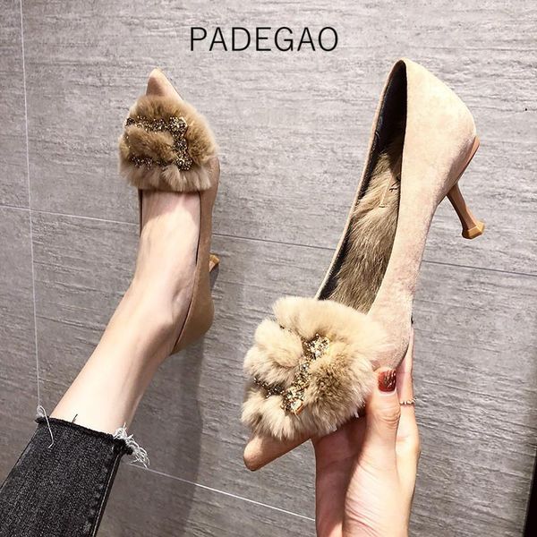 

heels women elegant luxury fur crystal warm party casual korean dress shoes, Black