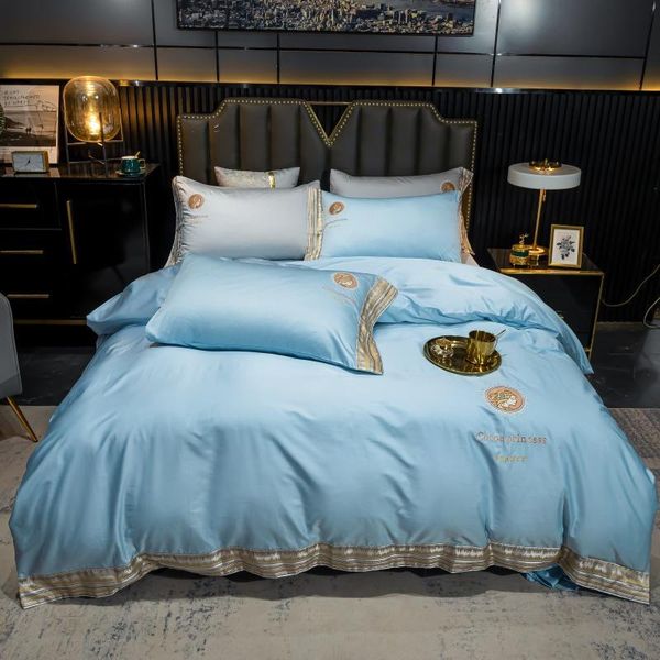 

bedding sets deep sea blue set simple embroidery duvet cover lace edge long-staple cotton sheet 1.5/2.0m home textile