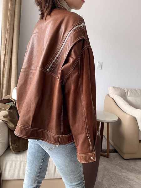 

women's leather & faux 2021 autumn loose version, heavy industry washed sheepskin regular dajane zipper full, Black