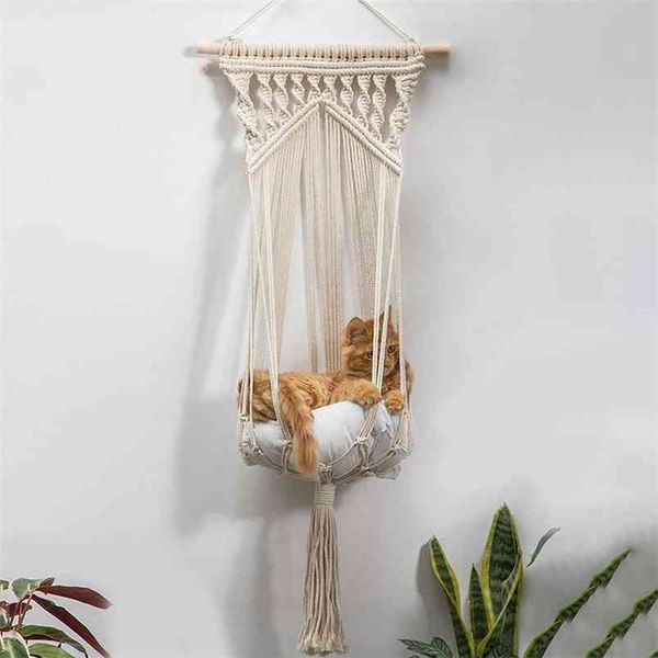 Macrame Cat Hammock, Macrame Hanging Swing Cat Dog Pet Bed con kit di sospensione per interni Gatti Tessuto a mano Hanging Basket Home Decor 210722