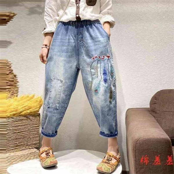 Frühling Kunst Stil Frauen Elastische Taille Vintage Stickerei Lose Jeans Patchwork Casual Baumwolle Denim Harem Hosen V293 210512