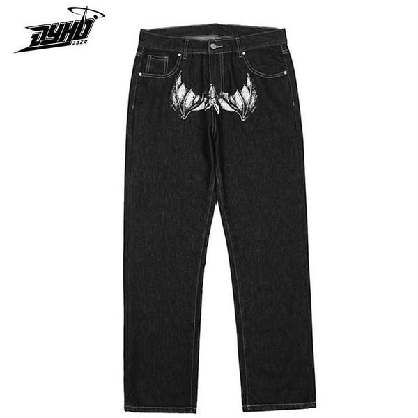 

men's straight and wide bat print jeans, retro style, oversized, casual, harajuku, unisex, Blue
