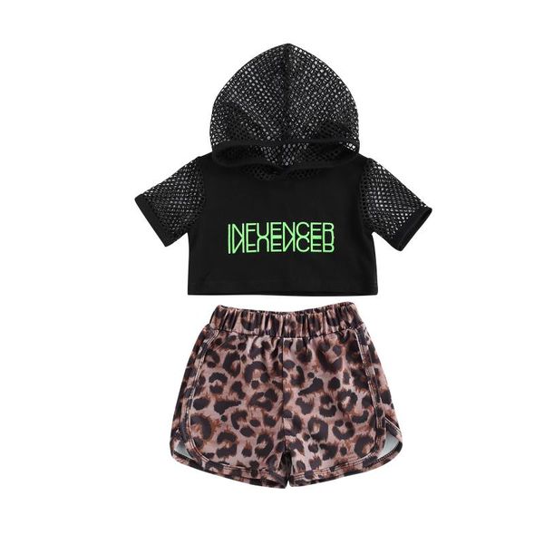 

kids girl sports mesh shirt, summer fashion loose leopard shorts, running training cropped hooded suit clothing sets, White