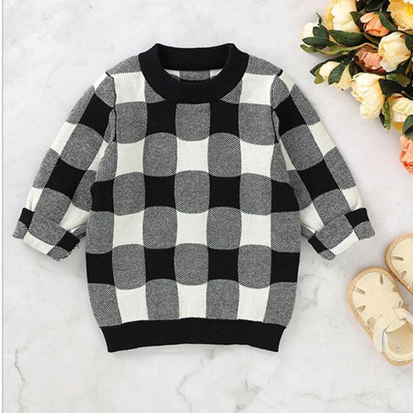 

pullover baby girls boys plaid knitted cotton sweater 2021 autumn winter clothes round collar kids cardigan long sleeve top, Blue