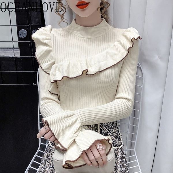 

ruffles woman sweaters half turtleneck flare sleeve solid elegant ropa mujer korean chic pull femme ins 19551 210415, White;black