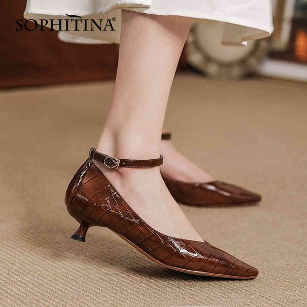 

sophitina leather ankle buckle women's shoes low-heeled pattern daily shoes shallow mouth korean female pumps ao261 210513, Black