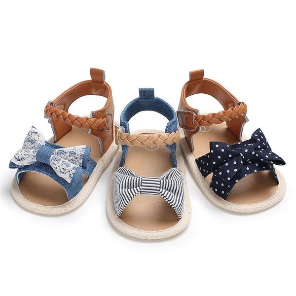 

infant baby shoes girl flats sandals soft sole anti-slip summer bowknot dot stripe lace crib born first walker, Black;red